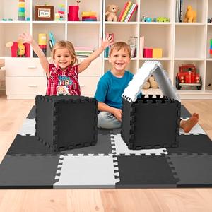 16 Tiles Baby Play Mat for Floor, EVA Foam Baby Floor Play Mat with 0.6 Inch Thick Interlocking Foam Tiles, Foam Floor Tiles for Baby, Toddlers and Kids (Gray-Black-White, 16PCS)