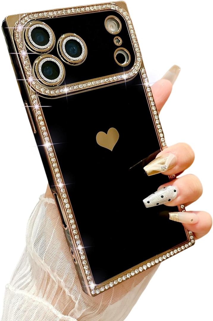 YTanazing for iPhone 17 Rectangle Edge Case, Luxury Diamond Rhinestone Glitter Bling Sparkle Shiny Plating Bumper Protective Case with Camera Protection Design for Women Girls, Black