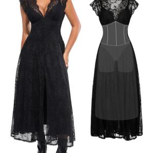 Popilush Women's Formal Wedding Guest Lace Sleeveless V Neck Maxi Shapewear Dress Evening Mother of Bride Split Dresses, L