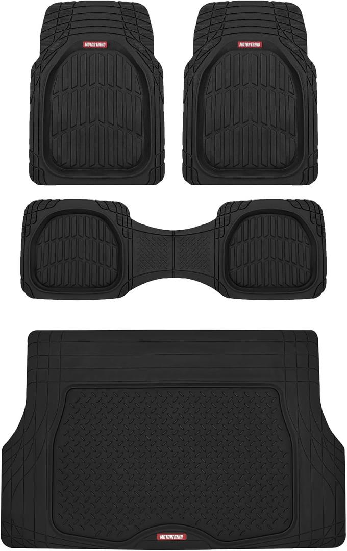 Motor Trend FlexTough 4-Piece Heavy Duty Floor Mats for Cars Trucks SUVs, Automotive Floor Mats Car Mats Full Set Front, Rear & Cargo, Trim-To-Fit Semi-Custom Deep Dish All Weather Rubber Mats - Black