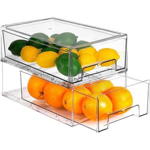 bealy 2 Pack Stackable Clear Drawer Organizer, Large Pull Out Fridge Organizers and Storage Container, Refrigerator Organizers and Storage for Fruit, Produce, Vegetables, Drinks, Snack and Food