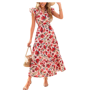 Women's 2025 Summer Floral Midi Dress Cap Sleeve V Neck Ruffle Long Flowy Boho Casual Beach Vacation Dresses
Size XL