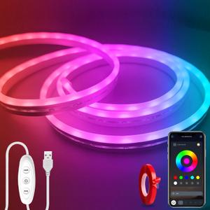 LED Neon Lights6.6ft USB Powered LED Strip Lights5V Music Sync Color Changed Rope Light with APP ControlIP65 Waterproof RGB Rope Lights for BedroomCabinet,Kitchen (with Adhesive Backing)