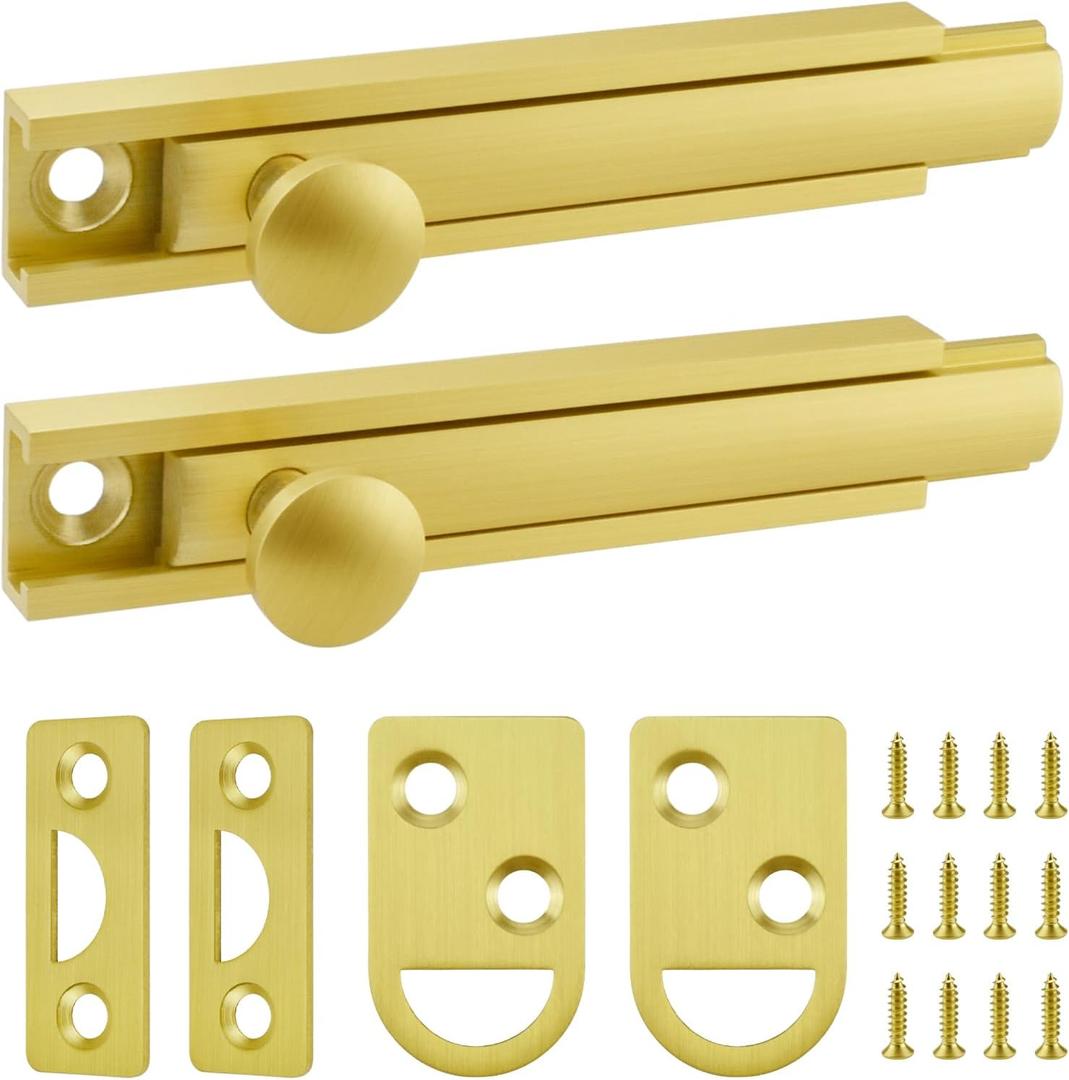 3 Inch Solid Brass Surface Bolt, 2 Sets Slide Surface Door Bolt, Heavy Duty Door Slide Bolt for Flush or Recessed Doors and Gates (Brushed Gold)