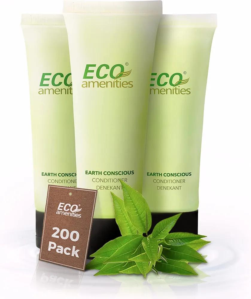 ECO AMENITIES Travel Size Conditioner - 200 PACK, 30mL, 1 oz Hotel Conditioner Bulk Supplies for Guests - Green Tea Scent Eco Conditioner, Mini Conditioner with Flip Cap, Clear Container