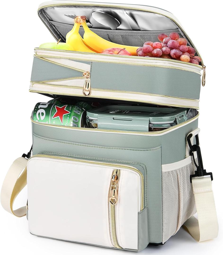 Lunch Box & Lunch Bag for Women Men, Expandable Large Insulated Adult Lunch Bag with Strap, Double Deck Leakproof Lunchbox Durable Cooler Bags for Work Picnic Beach,16L, Olive Green & White