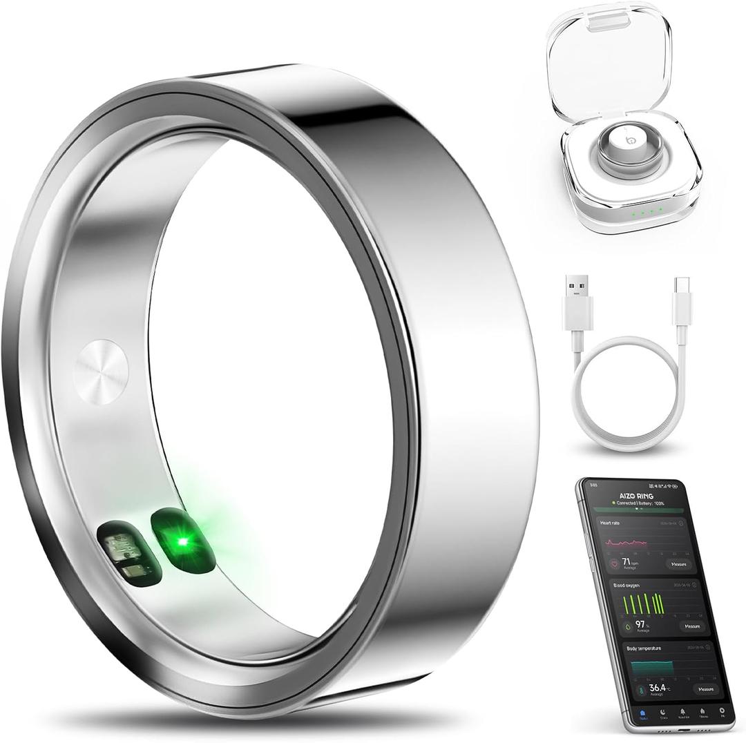 Smart Ring with Call/Clock/Events Alerts, No APP Subscription, Body Temp/Heart Rate/Women's Health Tracker, 5ATM Waterproof Fitness Ring for Android & iOS, Size: 7#