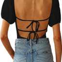 oten Women's Sexy Backless Puff Sleeve Square Neck Tie Back Bodysuit Tops (01-black), S
