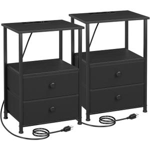 LOAKEKEL Night Stand Set 2, Black Nightstand with Charging Station, End Tables with Storage Shelf for Small Spaces, Bedside Table Side Tables with 2 Fabric Drawers for Bedroom, HETS020BK