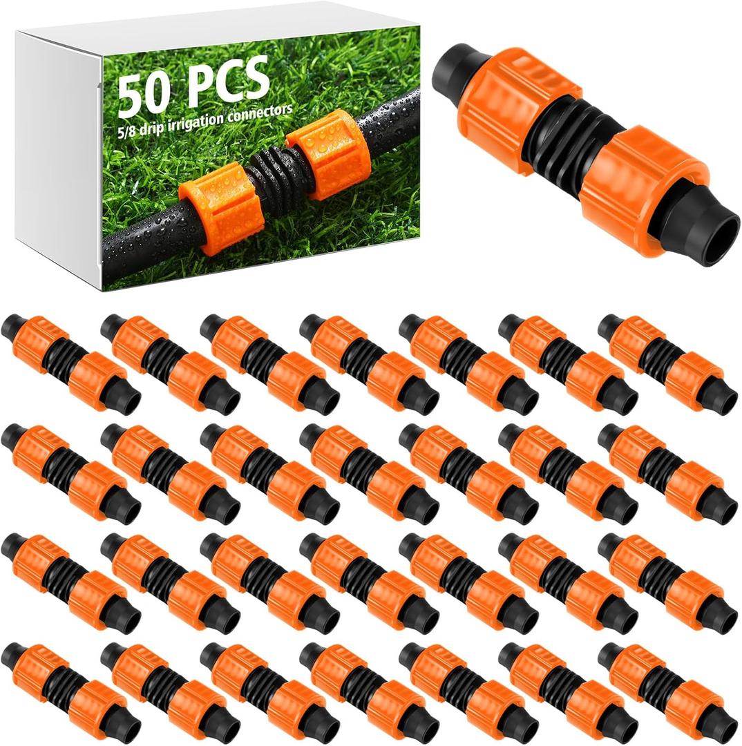 Tujoe 50 Pcs Drip Irrigation Fittings, 5/8 Inch Universal Barbed Locking Connectors for 16-17mm Drip Tape Tubing and Sprinkler System, Durable Line Coupling Irrigation Tools