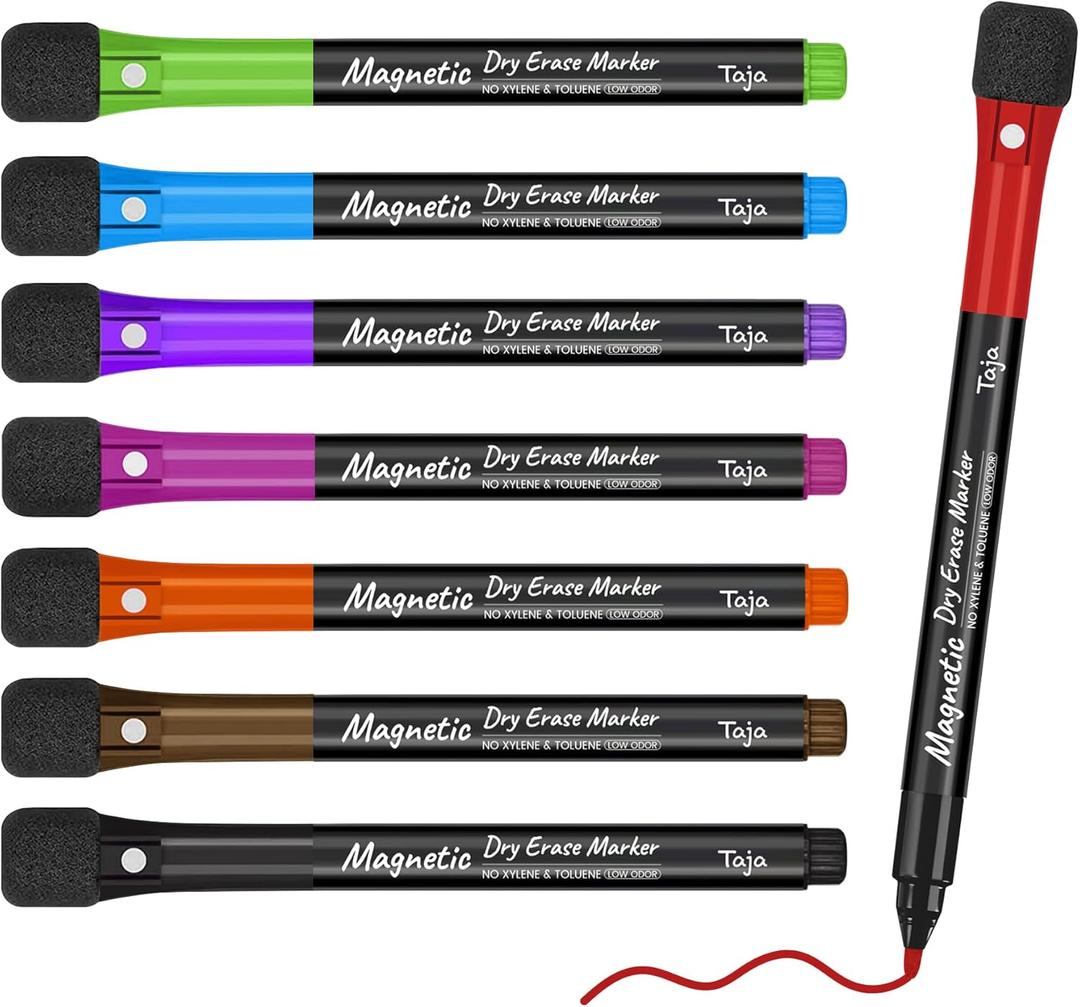 Taja Magnetic Dry Erase Whiteboard Markers, 8 Count Colorful Fine Tip Thin Dry Erase Markers with Eraser for Home Office School Supplies-Brilliant