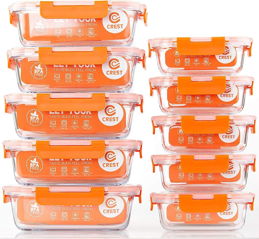 C CREST [10-Pack] Glass Food Storage Containers - Food Prep Containers with Lids - Microwave, Oven, Freezer and Dishwasher Safe (Orange)