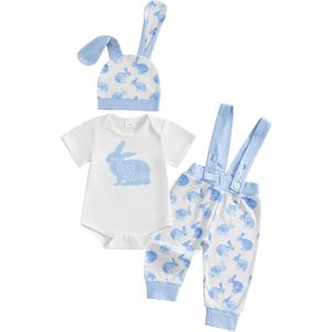 My First Easter Baby Boy Outfit Newbon Bunny Outfits 1st Easter Romper+Overall Pants+Hats 3Pcs (Blue, 9-12 Months)