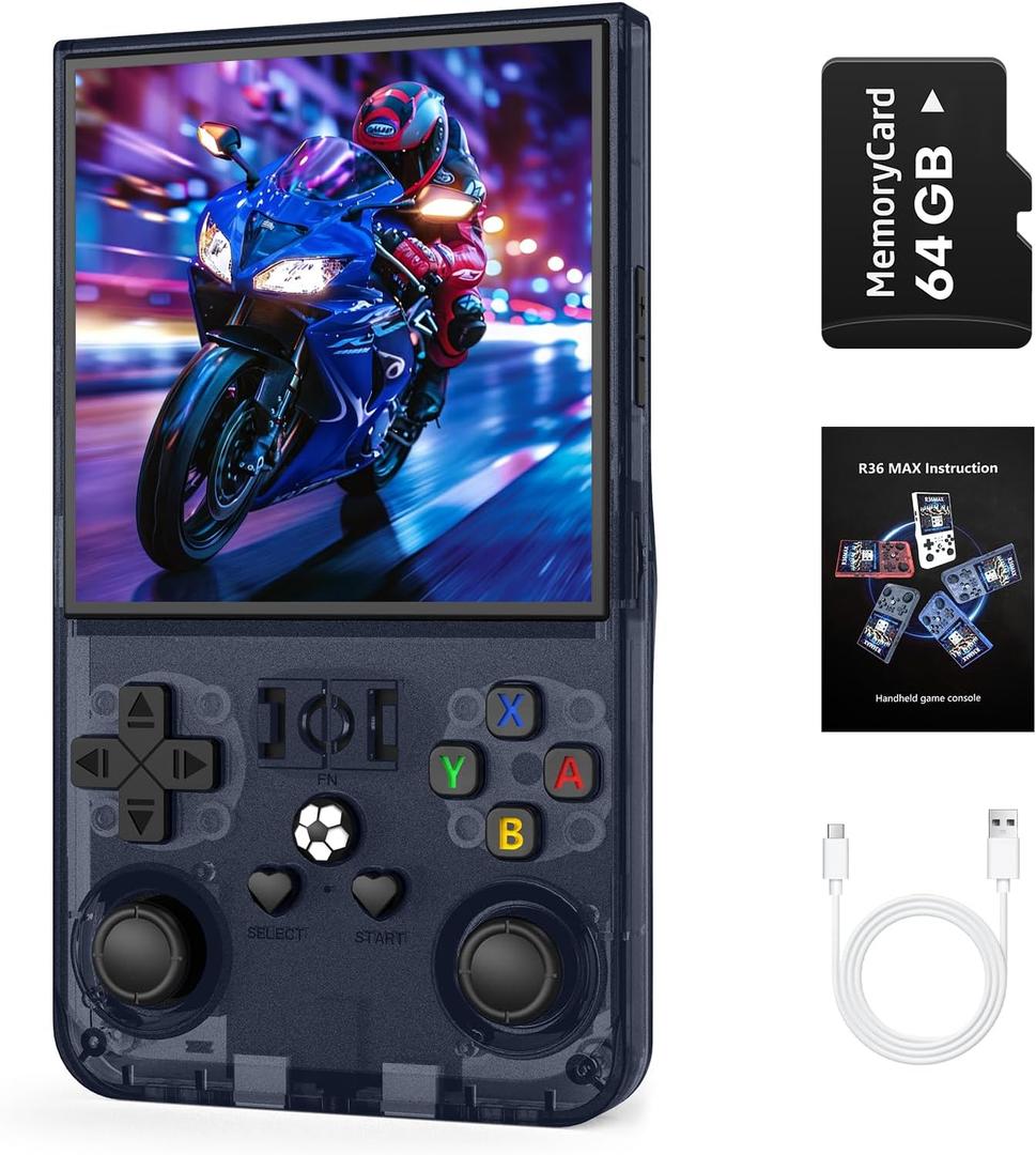 R36Max Retro Handheld Game Console, Video Game Console with 64G TF Card, 4000mAh Rechargeable, Linux System, 4.0 Inch IPS Screen Portable Pocket Arcade, Gray