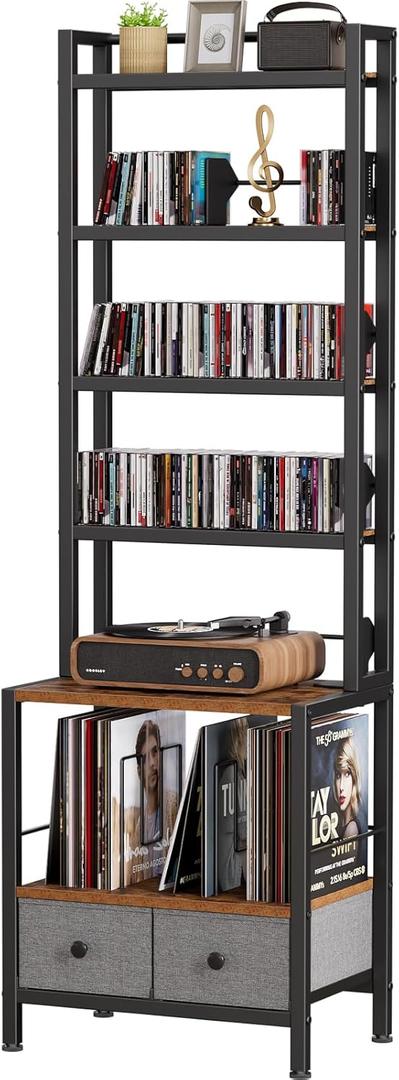 DVD Storage Vinyl Record Storage Rack, 6-Tier CD Rack Tower with Drawers for CDs, DVDs, Albums, Books & Games, Vinyl Record Holder & DVD Shelf Organizer for Living Room & Home Office, 20.8x11.8x63Inch