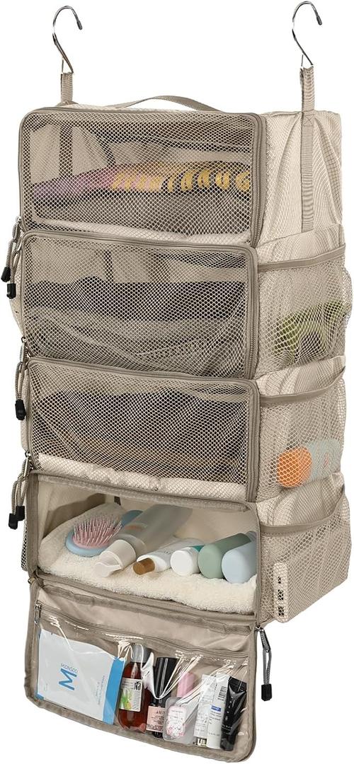 Surblue Travel Hanging Packing Cubes with 2 Hooks Hanging Shelves for Luggage Organizers Portable Compression 4 Shelf Closet Carry-on Suitcases Organizers, Medium,Beige
