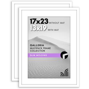 Americanflat 17x23 Picture Frame with Polished Plexiglass - Set of 2 - Use as 13x19 Frame with Mat or Display 17x23 Photo Without Mat - Galleria Collection - Picture Frames for Wall Display - White