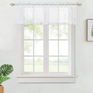 Kitchen Curtain Valance 54"W x 15"L Sheer Valance Curtains for Cafe Light Filtering Linen Textured Look Bathroom Window Curtain, White Pompoms, 1 Panel