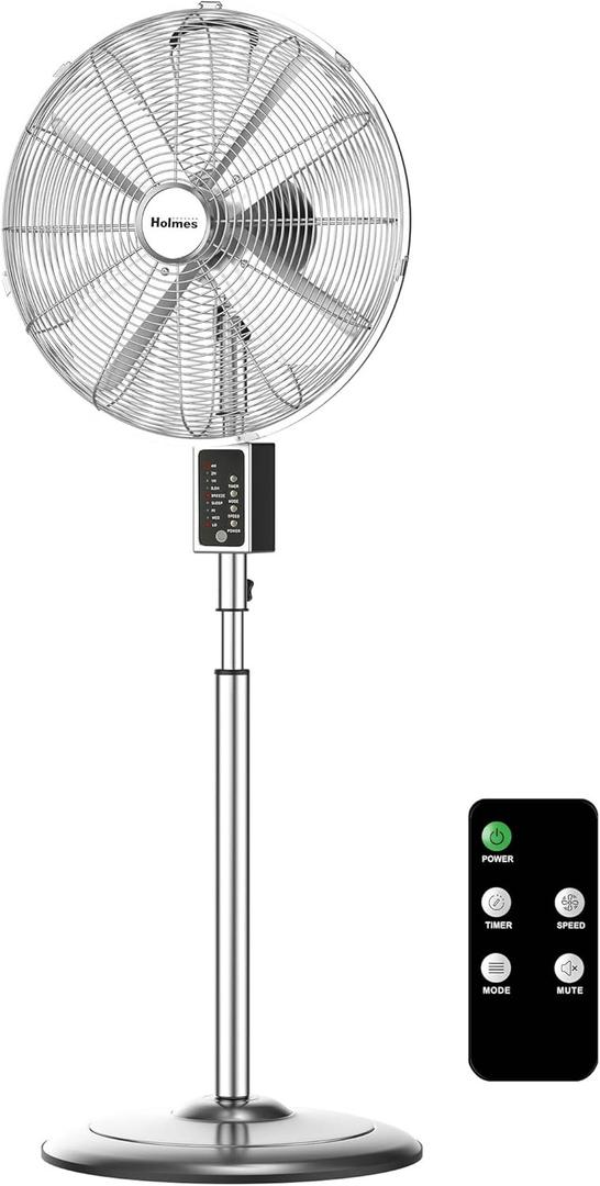 HOLMES 16" Chrome Digital Stand Fan, 75 Oscillation, 3 Speeds, 4 Blades, 3 Modes, Adjustable Height, 18 Head Tilt, Ideal for Home, Bedroom or Office, Remote Control