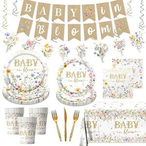 178Pcs Baby in Bloom Baby Shower Decorations-Wildflower Paper Plates and Napkins Kit Girls Floral Baby Shower Dinnerware Serves 24