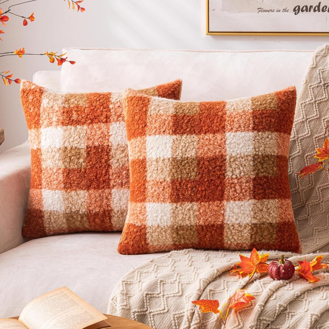 Orange Plaid Fall Throw Pillow Covers 20x20 Inch Set of 2, Boucle Decorative Pillow Covers,Cozy Fluffy Home Living Room Farmhouse Decor for Sofa Couch Bed
