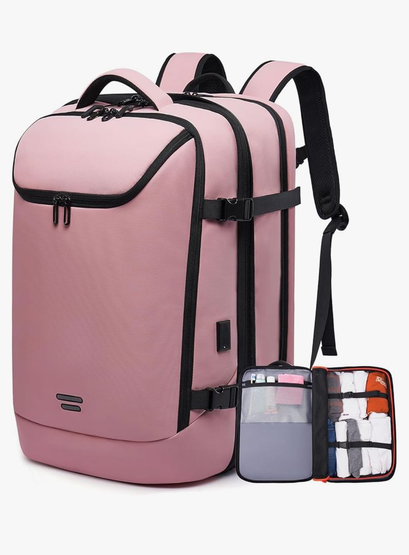 Travel Carry on backpack 50L for Women, Fits 17.3 inch Laptop with USB Charging Port, Expandable Flight Approved Backpack for Overnight (pink)