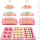 Coitak 8 Pieces Cupcake Stand Set, 2 PCS 3 Tier Cupcake Stands with 3 PCS Appetizer Trays, 3 PCS Serving Tongs, Dessert Tower Tray for Tea Party (Pink)