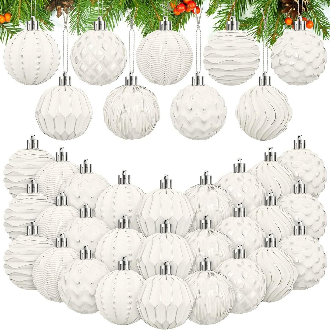 Liliful 36 Pcs Farmhouse Ball Ornaments Set Distressed Christmas Tree Ornaments Vintage Christmas Balls for Retro Holiday Party Decor (White-Silver)