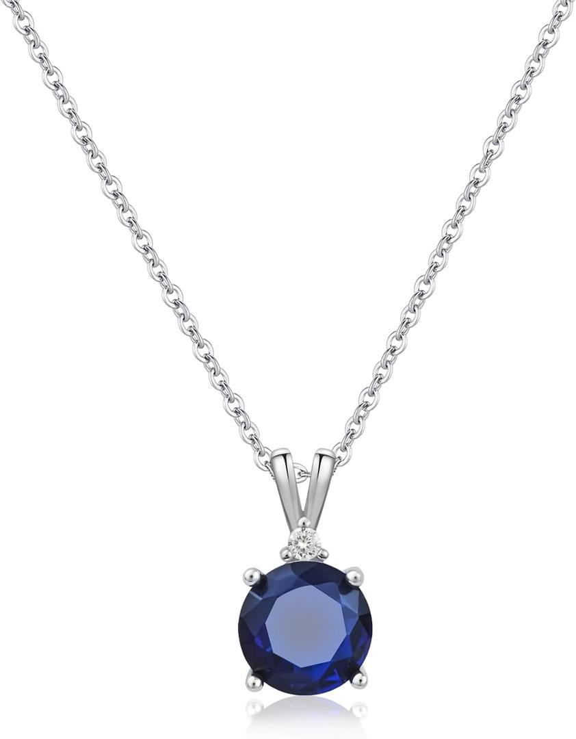 8mm Round Cubic Zirconia Sterling Silver Necklace Dainty Necklace Birthstone Jewelry Pendant Necklaces for Women (Sapphire)