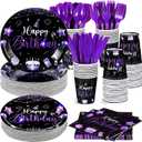 Vesici 350 Pcs Happy Birthday Party Supplies Disposable Party Tableware Set Serves 50 Included Plates Napkins Cups Cutlery for Men Woman 50th 80th Birthday Party Decorations (Black Purple)