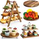 Havawish Pack of 5 Wooden Dessert Table Display Set, Farmhouse 2 Tier Cupcake Stand 3 Tier Wood Cake Tower Round Serving Tray Food Platter for Tea Party Wedding Farmhouse Decoration