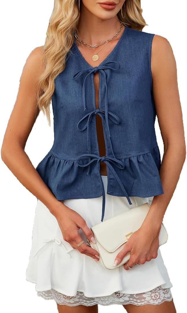 Women's Denim Vest Top Sleeveless V Neck Tie Front Jean Vest Summer 2025 Trendy Casual Waistcoat Y2K Peplum Tank Tops (XL)
