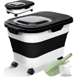 Collapsible Dog Food Storage Container with Lids, Airtight Rice Flour Cereal Sugar Cat Pet Bird Seed Containers Dispenser Bin Bucket with Rolling Wheel, 20 25 30 Lbs Plastic Sealable Kitchen Holder (Black)