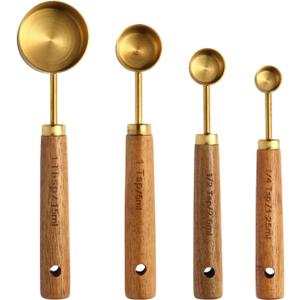 Gold Measuring Cups and Spoons Set of 4, Golden Stainless Steel Measuring Cups with Wooden Handles brass Measuring Spoons Set for Baking Supplies