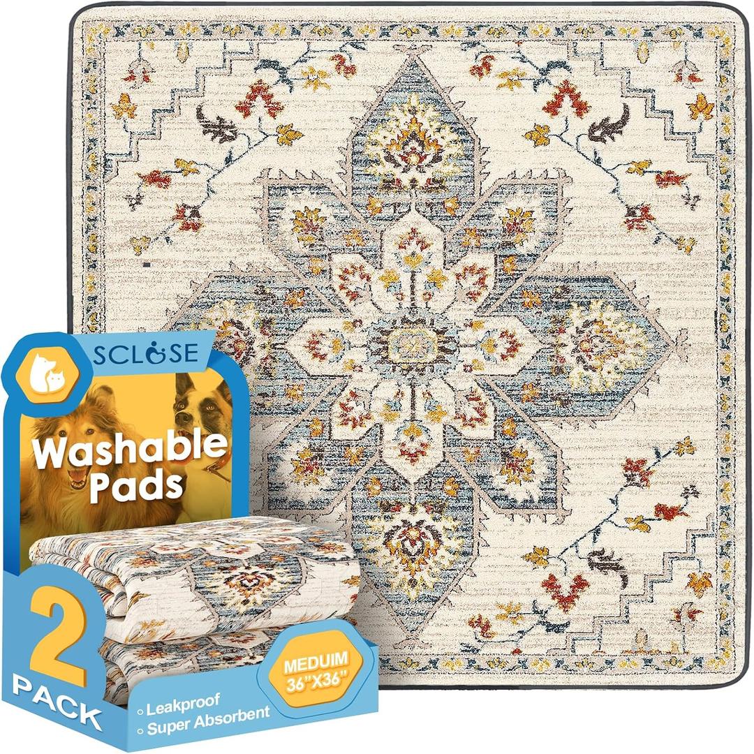 SCLOSE Washable Pee Pad for Dogs 2 Pack, 36" x 36" Reusable Puppy Pads Waterproof Dog Rugs, Super Absorbent, Leakproof, Dog Crate Pad, Playpen Mat, Whelping Pads, White Medallion