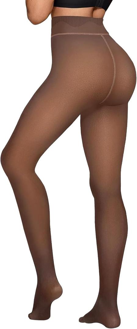 Fleece Lined Tights Sheer Women - Fake Translucent Warm Pantyhose Leggings Sheer Thick Tights for Winter (X-Small, Invisible One Line Crotch-brown)