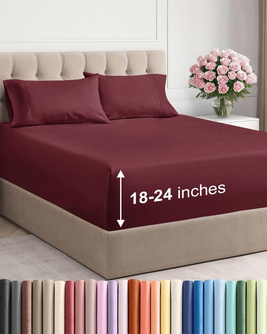 Extra Deep Queen Sheet Set - 4 Piece Breathable & Cooling Bed Sheets - Easily Fits 18 to 24 inch Mattress - Ultra Soft, Wrinkle & Fade Free with Extra Deep Pockets - Hotel Luxury Bedding - Burgundy