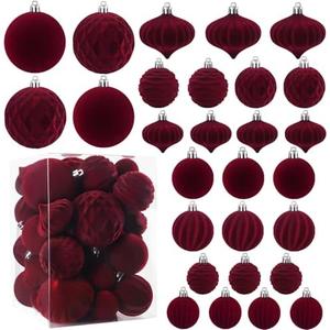 Celltestria 28PCS Velvet Christmas Balls Ornaments, Flocked Shatterproof Burgundy Xmas Tree Hanging Decoration Plastic Ball Set Bulk Ornament for Winter Trees Holiday Party Home Wreath Decor