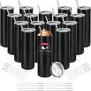 16 Pack Stainless Steel Skinny Tumblers Straight Double Wall Insulated Tumbler Bulk with Lid and Straw for, DIY Gift, 20oz Black