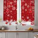 Christmas Sheer Curtain 63 Inch Length 2 Panels Light Filtering Snowflake Window Curtain Red Sheer Voile Curtains Xmas Ball Glitter Sparkle Snow Rod Pocket Window Treatment for Living Room