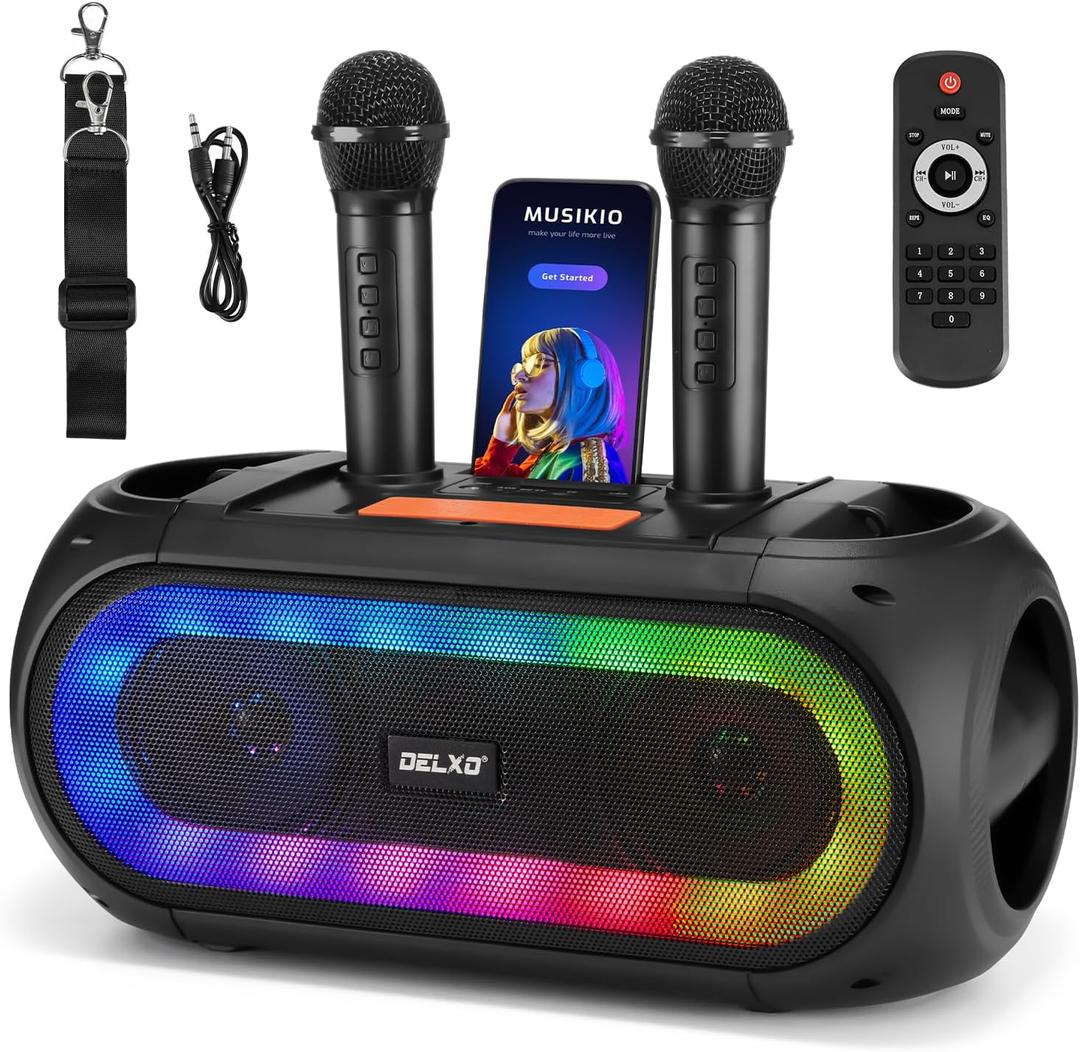 Delxo Karaoke Machine with 2 Wireless Microphones for Adult, Powerful Portable Bluetooth Speaker Loud for Party, PA System Remote Singing Machine with LED Lights, Support BT TWS USB TF, Gift