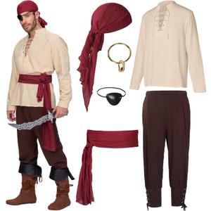 Spooktacular Creations Men Pirate Costume, Adult Halloween Costume Renaissance Medieval Viking Pirate Costume for Cosplay (Large, Beige Brown)