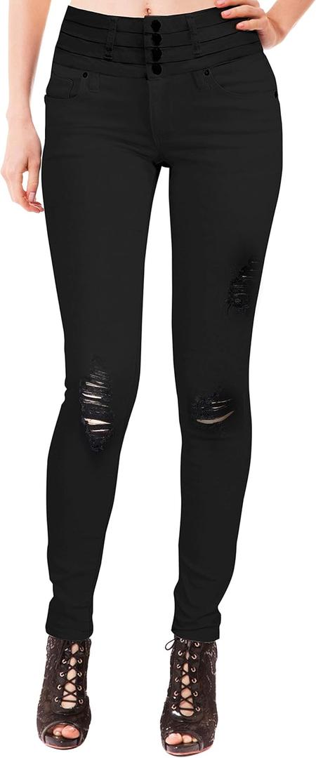 Hybrid & Company Womens Classic Denim Mid Rise Skinny Jeans Super Stretch Pants (5, Ripped Pants-black)