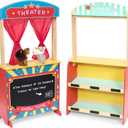 Wooden Puppet Theater Bonus 2 Hand Puppet, Double-Sided Lemonade Stand & Puppet Show Theater for Kids, Wood Deluxe Children Puppet Theatre Toy with Chalkboard