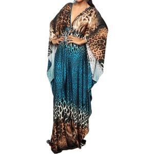 Bsubseach Women Ethnic Print Kaftan Beach Dress Plus Size Swimsuit Cover Up (Blue Coffee Leopard)