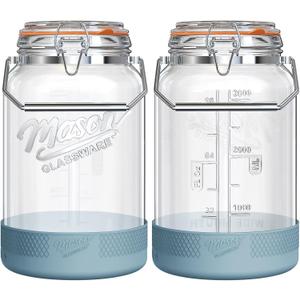 2 Packs 1 Gallon Glass Jars with Airtight Lids, Wide Mouth Mason Jars with Clip Top & Stainless Steel Handle & Silicone Base, Glass Storage Containers for Kitchen Storage, Pickling-Dual Scale