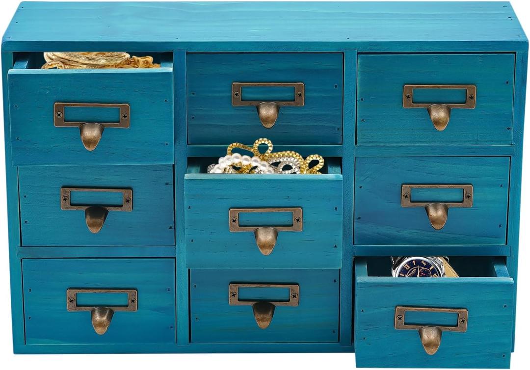 Apothecary Cabinet with Drawers, Tabletop Apothecary Cabinets Library Card Catalog Cabinet Herb Storage Box Wooden Desk Drawer Organizer Vintage Furniture for Medicine, Tea (Blue, 9 Drawers)