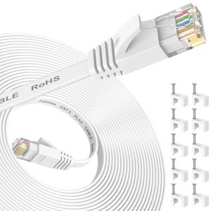 Folishine Cat6 Ethernet Cable 20 ft, Flat Design High Speed with Network Patch Cords, LAN Cable Clips&Rj45 Connector for Router Modem Faster Than Cat 5e/Cat 5-White