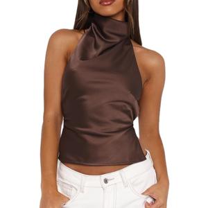 Women Y2k Polka Dots Halter Tank Tops Cute High Mock Neck Backless Cami Sexy Open Back Camisole Going Out Tops (Brown, M)