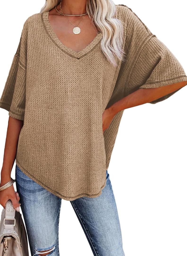 Dokotoo Womens Plus Size Ladies V Neck Oversized Short Sleeve Shirts Waffle Knit Tunic Tops Loose Fit Casual Flowy Blouses Office Fashion 2023 Summer Khaki XL